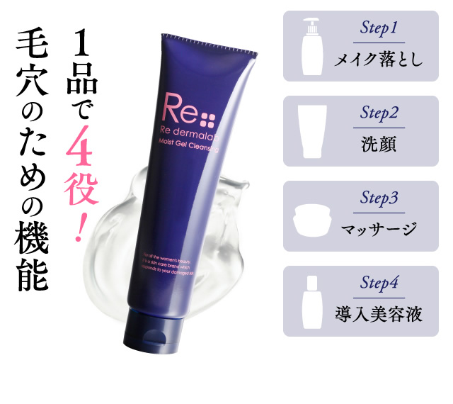 1品で4役！毛穴のための機能 | Step1 メイク落とし、Step2 洗顔、Step3 マッサージ、Step4 導入美容液